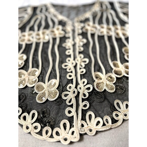 Simply Couture Cardigan Black Mesh Gold Sequined Flutter Sleeves‎ Open Front S - Picture 8 of 11